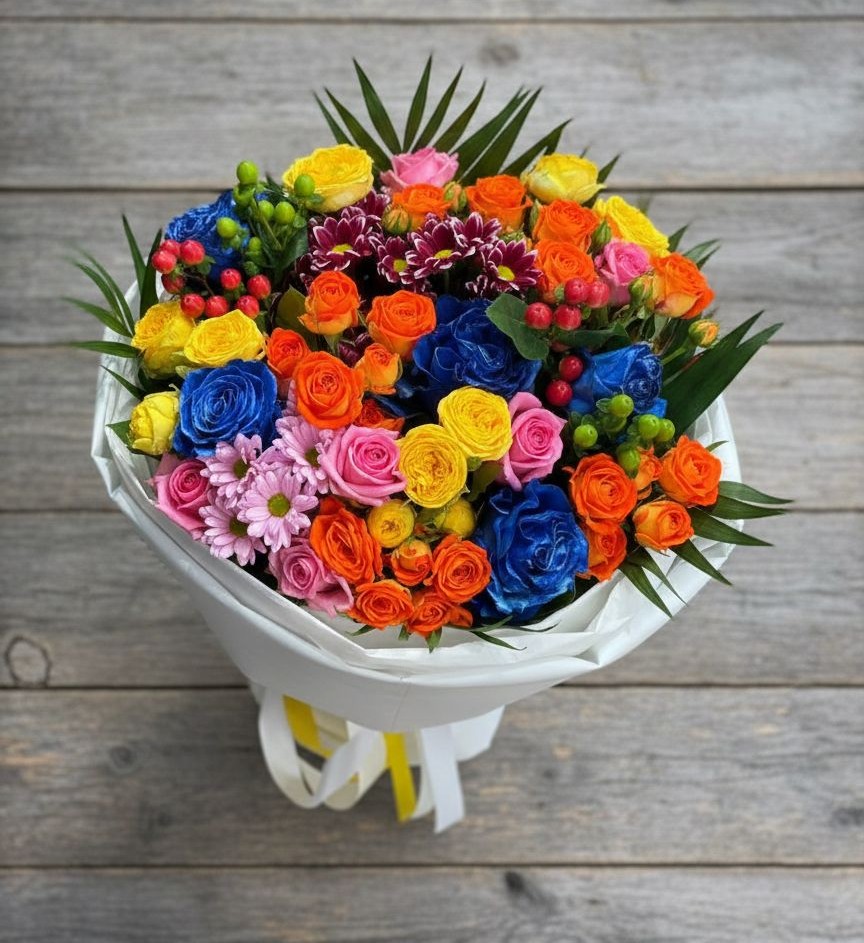 Букет цветов из: Розы и Хризантемы в посёлок центральной усадьбы совхоза Синичино