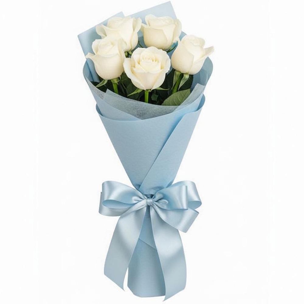Букет 5 Белых роз Проуд в посёлок центральной усадьбы совхоза Синичино