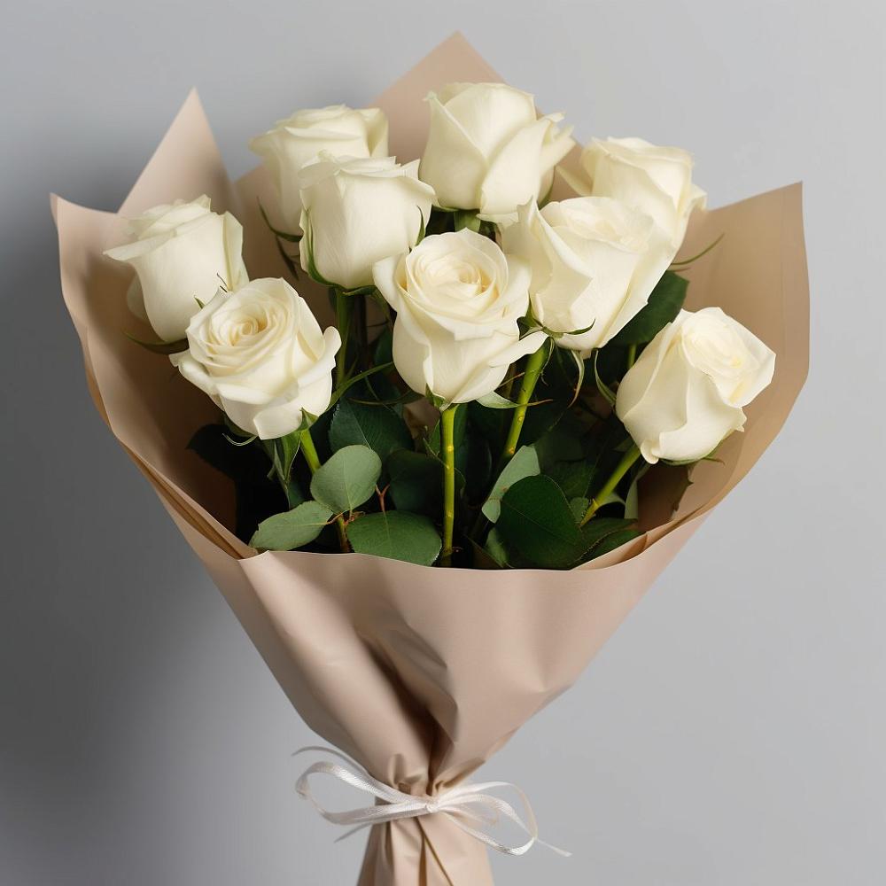 Букет 9 Белых роз Эдлесс Лав в посёлок центральной усадьбы совхоза Синичино