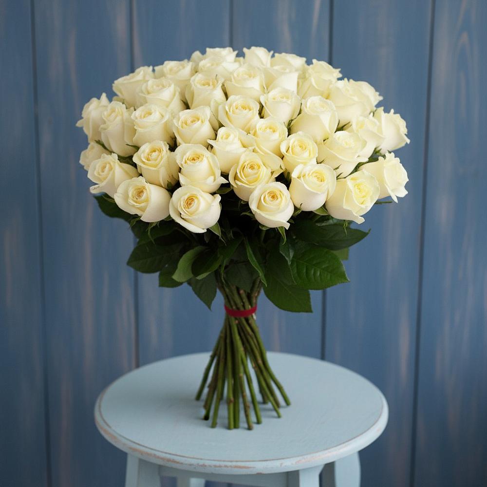 Букет 51 Белая роза Эдлесс Лав в посёлок центральной усадьбы совхоза Синичино