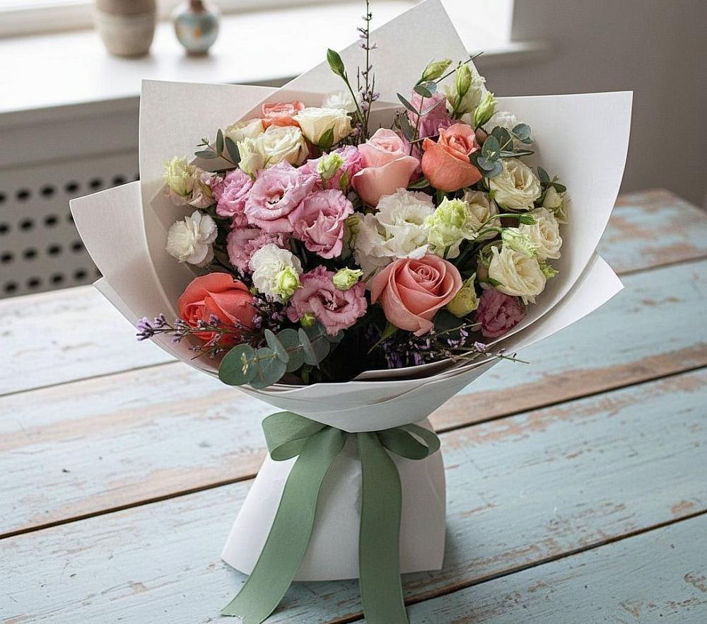 Букет цветов из: Розы, Лизиантусы и Гвоздики в посёлок центральной усадьбы совхоза Синичино