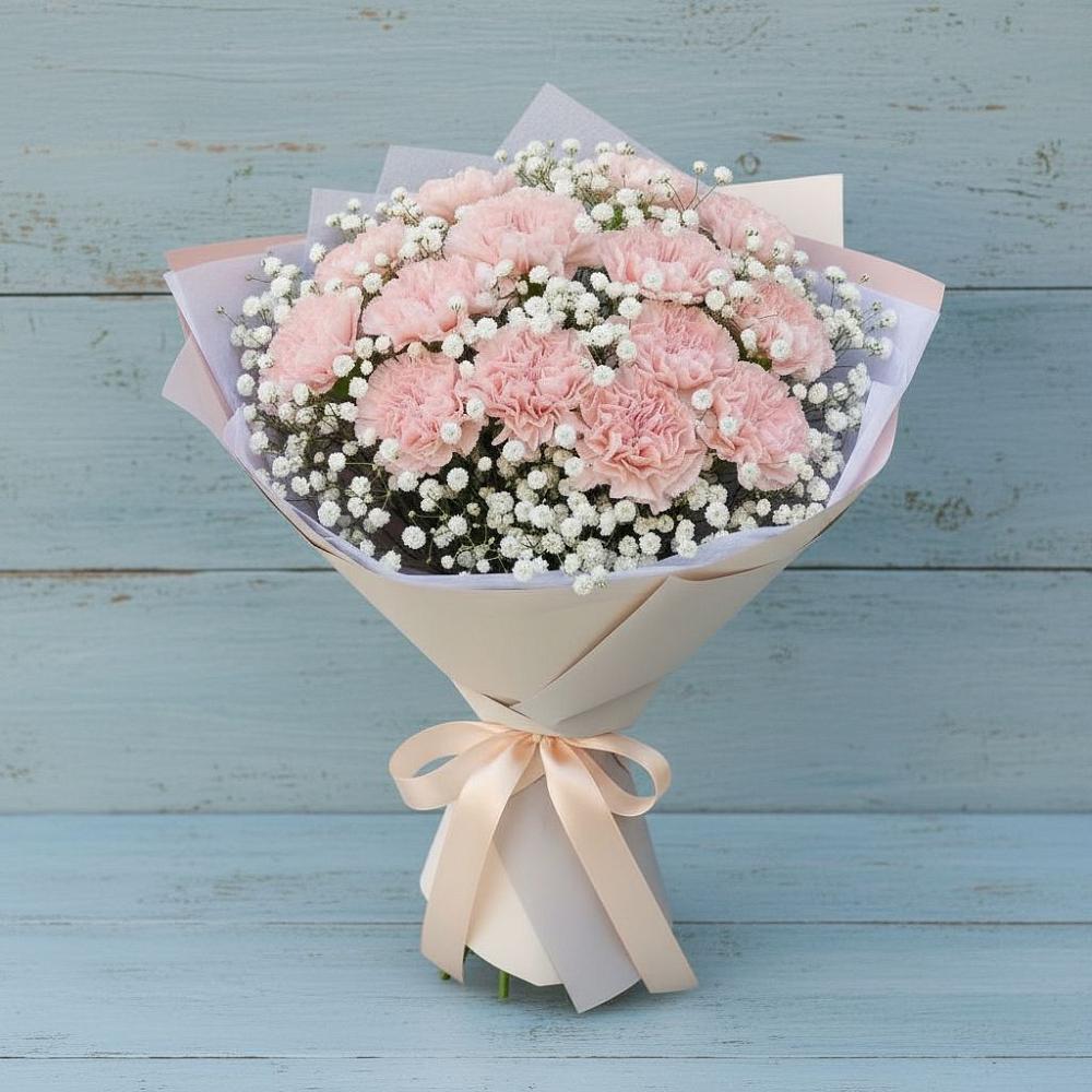 Букет цветов из: Гвоздики в посёлок центральной усадьбы совхоза Синичино