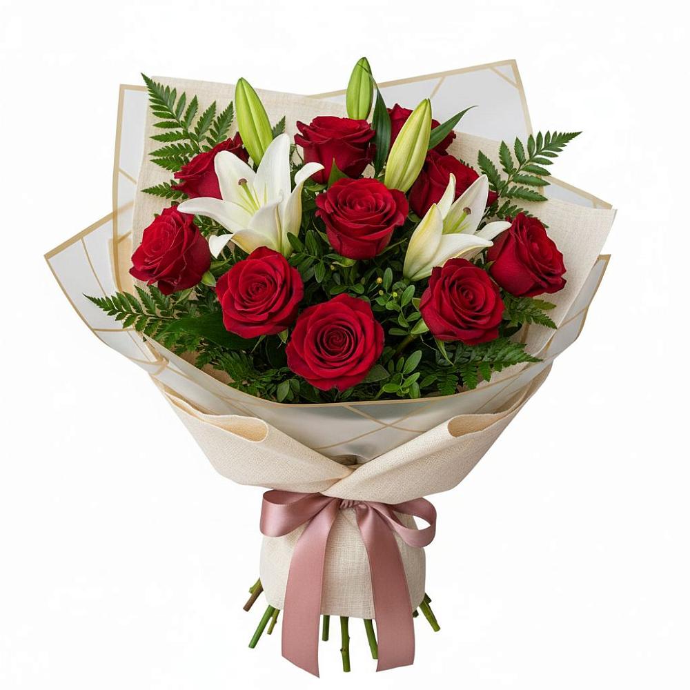 Букет цветов из: Лилии и Розы в посёлок центральной усадьбы совхоза Синичино