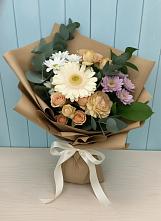 Букет цветов из:  Герберы и Хризантемы в посёлок центральной усадьбы совхоза Синичино