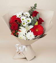 Букет цветов из:  Розы, Хризантемы, Герберы и Лилии в посёлок центральной усадьбы совхоза Синичино
