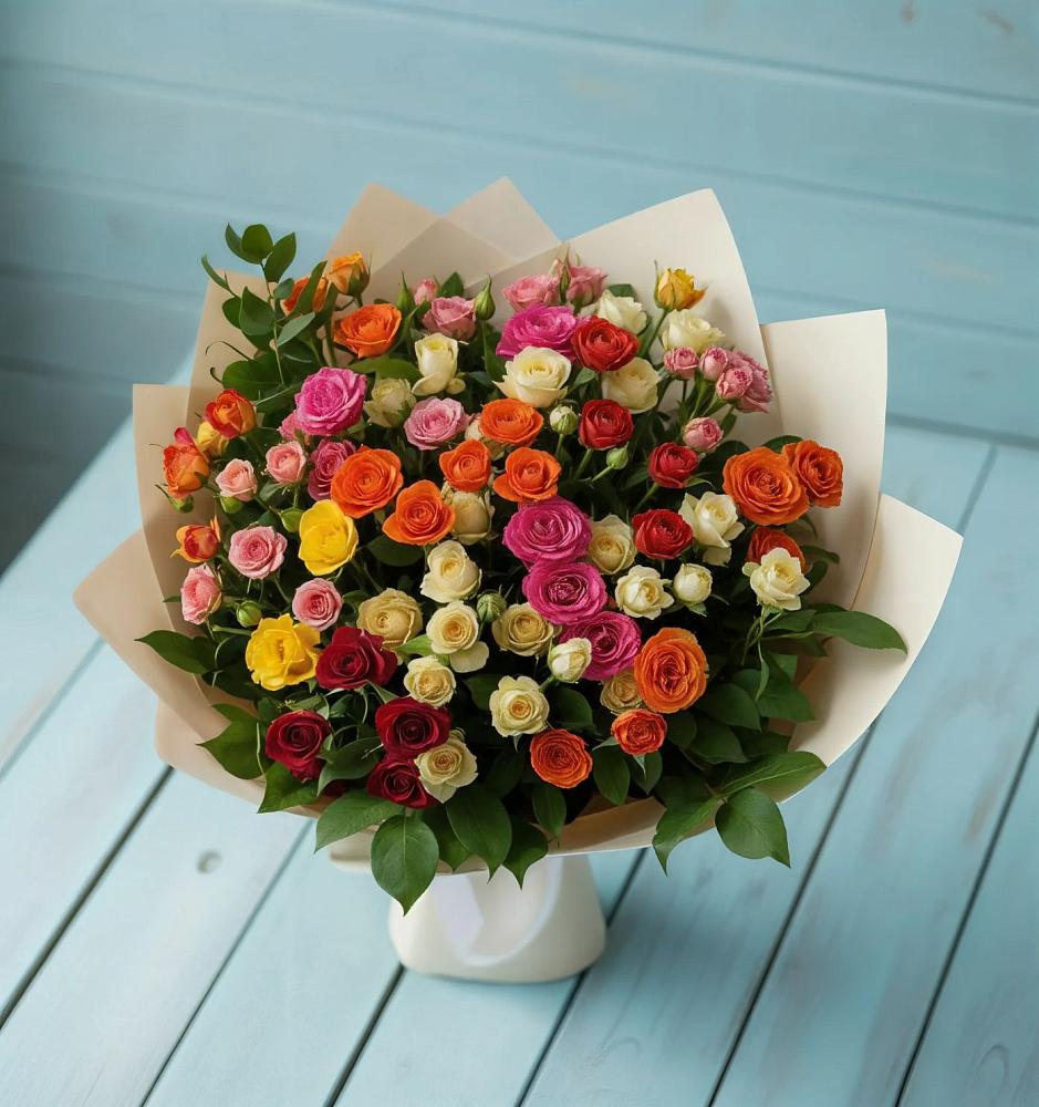 Букет Микс из разноцветных кустовых роз в посёлок центральной усадьбы совхоза Синичино