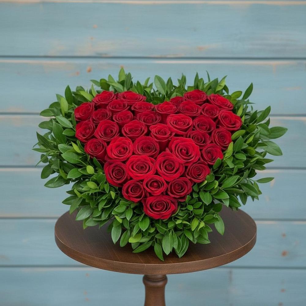 Цветочная композиция из Розы в виде сердца в посёлок центральной усадьбы совхоза Синичино