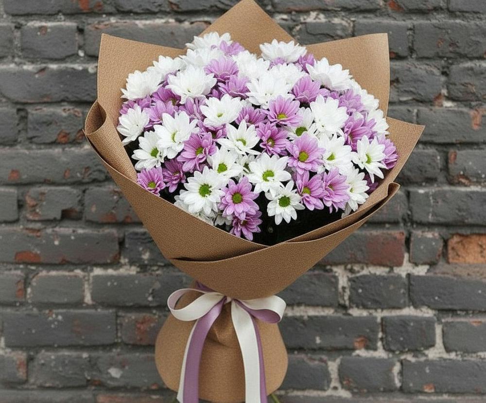 Букет цветов из: Хризантемы в посёлок центральной усадьбы совхоза Синичино