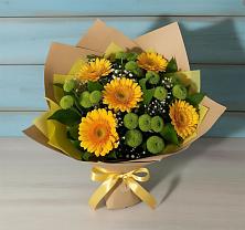 Букет цветов из:  Герберы и Хризантемы в посёлок центральной усадьбы совхоза Синичино