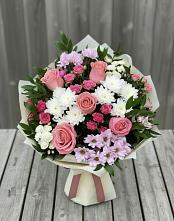 Букет цветов из:  Альстромерии, Гвоздики, Розы и Хризантемы в посёлок центральной усадьбы совхоза Синичино