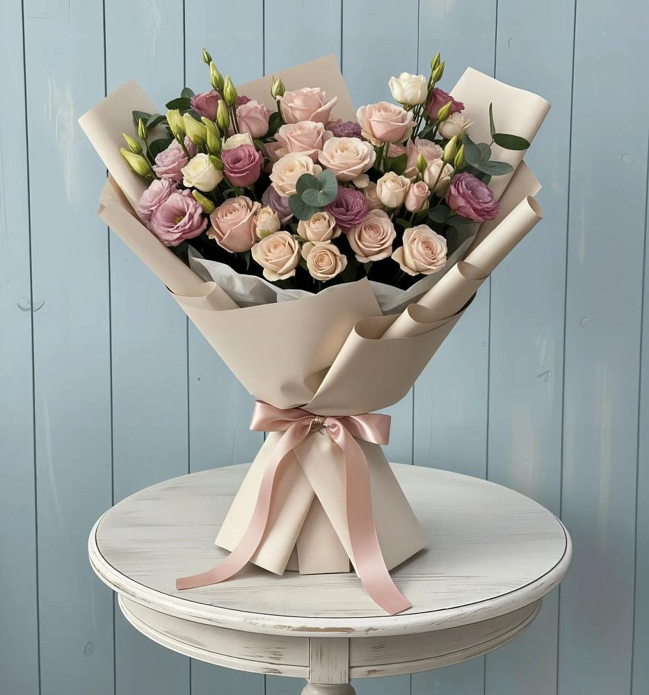 Букет цветов из: Розы и Лизиантусы в посёлок центральной усадьбы совхоза Синичино