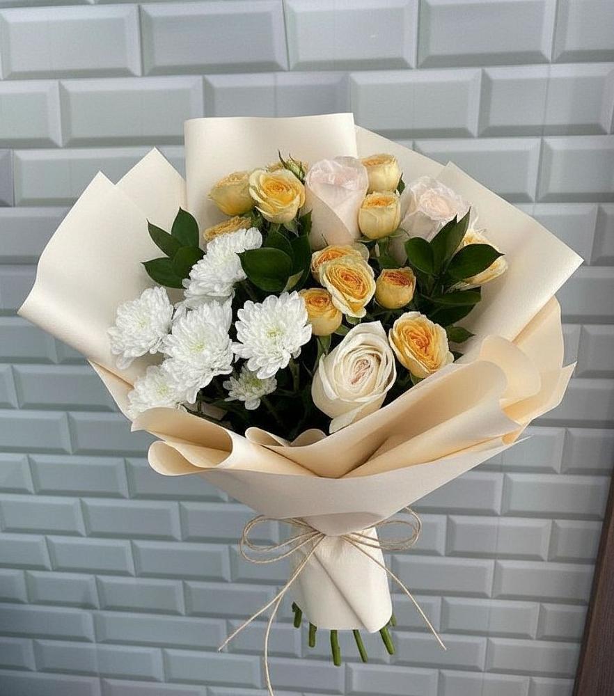 Букет цветов из: Розы и Хризантемы в посёлок центральной усадьбы совхоза Синичино