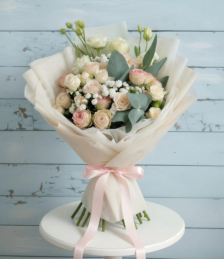 Букет цветов из: Розы и Лизиантусы в посёлок центральной усадьбы совхоза Синичино