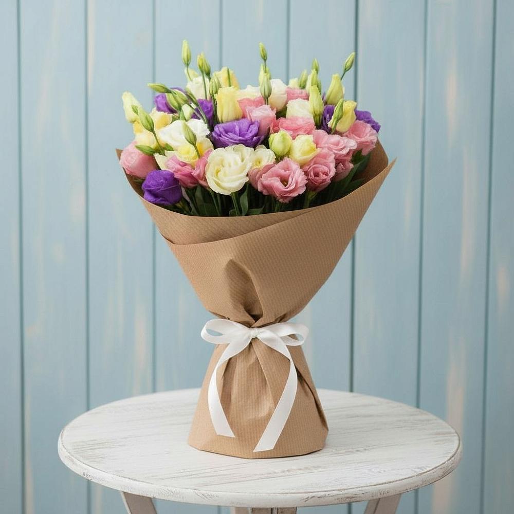 Букет цветов из: Лизиантусы в посёлок центральной усадьбы совхоза Синичино