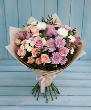 Букет цветов из:  Хризантемы, Розы и Альстромерии в посёлок центральной усадьбы совхоза Синичино