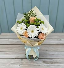 Букет цветов из:  Герберы, Розы и Хризантемы в посёлок центральной усадьбы совхоза Синичино