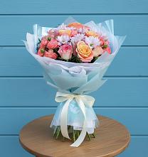 Букет цветов из:  Хризантемы и Розы в посёлок центральной усадьбы совхоза Синичино