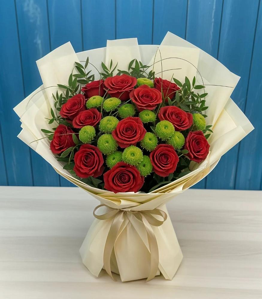 Букет цветов из: Розы и Хризантемы в посёлок центральной усадьбы совхоза Синичино