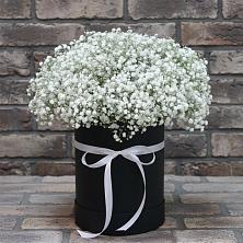 Цветочная композиция из Гипсофила в шляпной коробке в посёлок центральной усадьбы совхоза Синичино