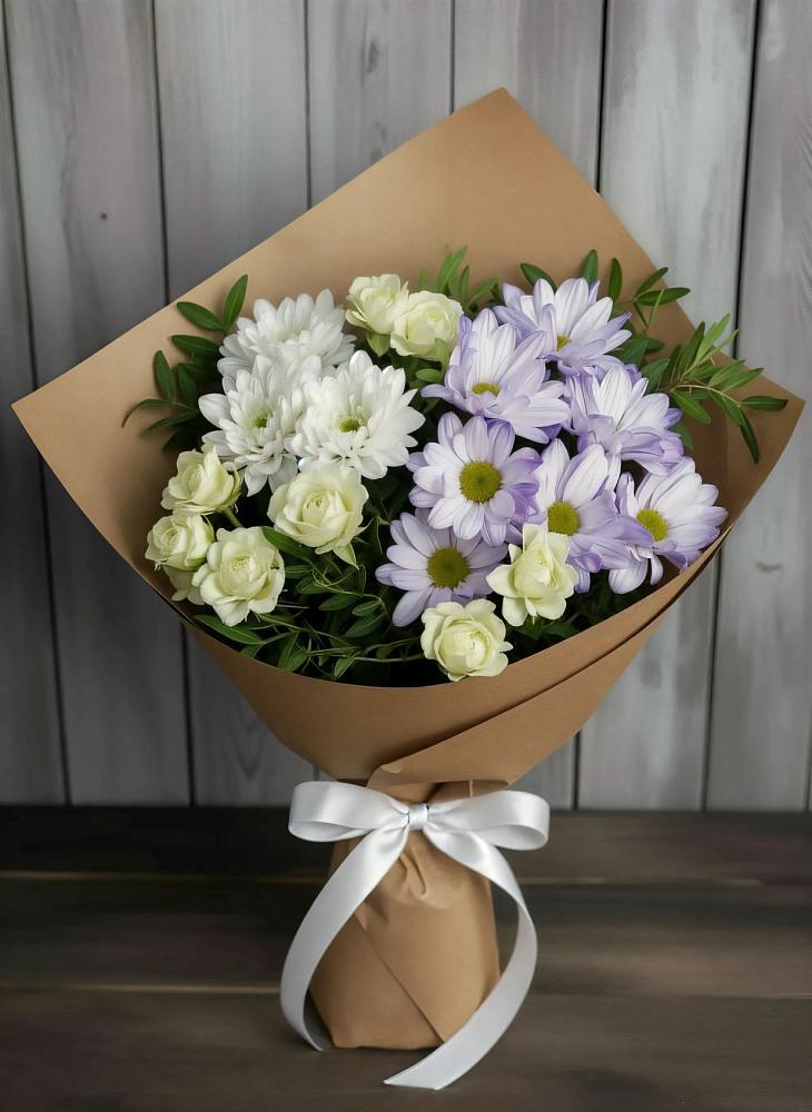 Букет цветов из: Хризантемы и Розы в посёлок центральной усадьбы совхоза Синичино